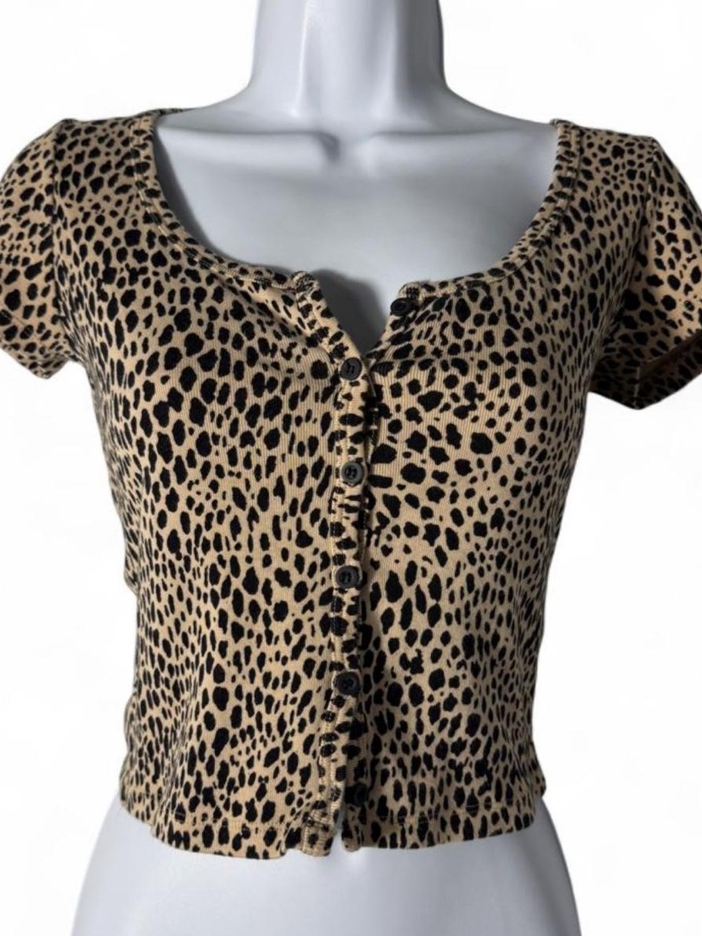 Brandy Melville Leopard Button-Front Crop Top - Black & Tan